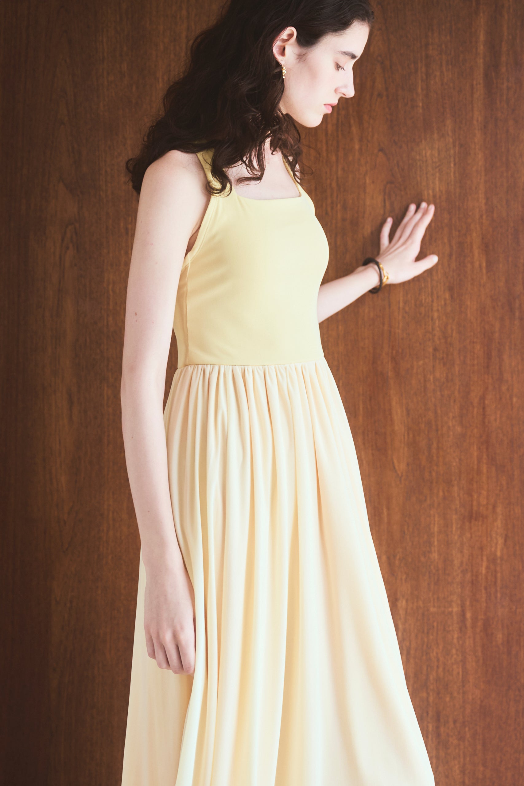 【Michiko Yamawaki×Estella.K】Ribbed & Sheer Jersey  Dress <br>-Yellow-