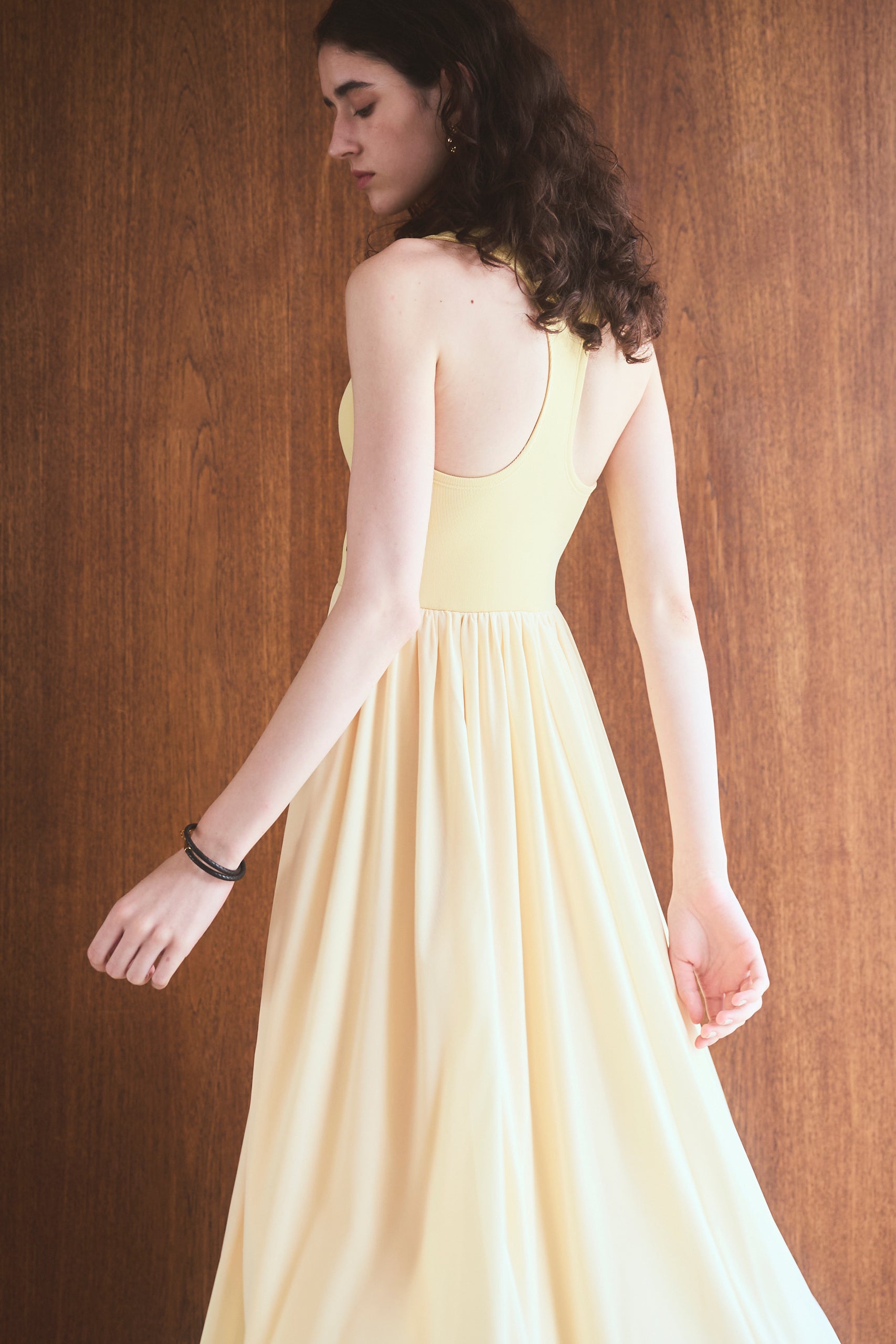 【Michiko Yamawaki×Estella.K】Ribbed & Sheer Jersey  Dress <br>-Yellow-