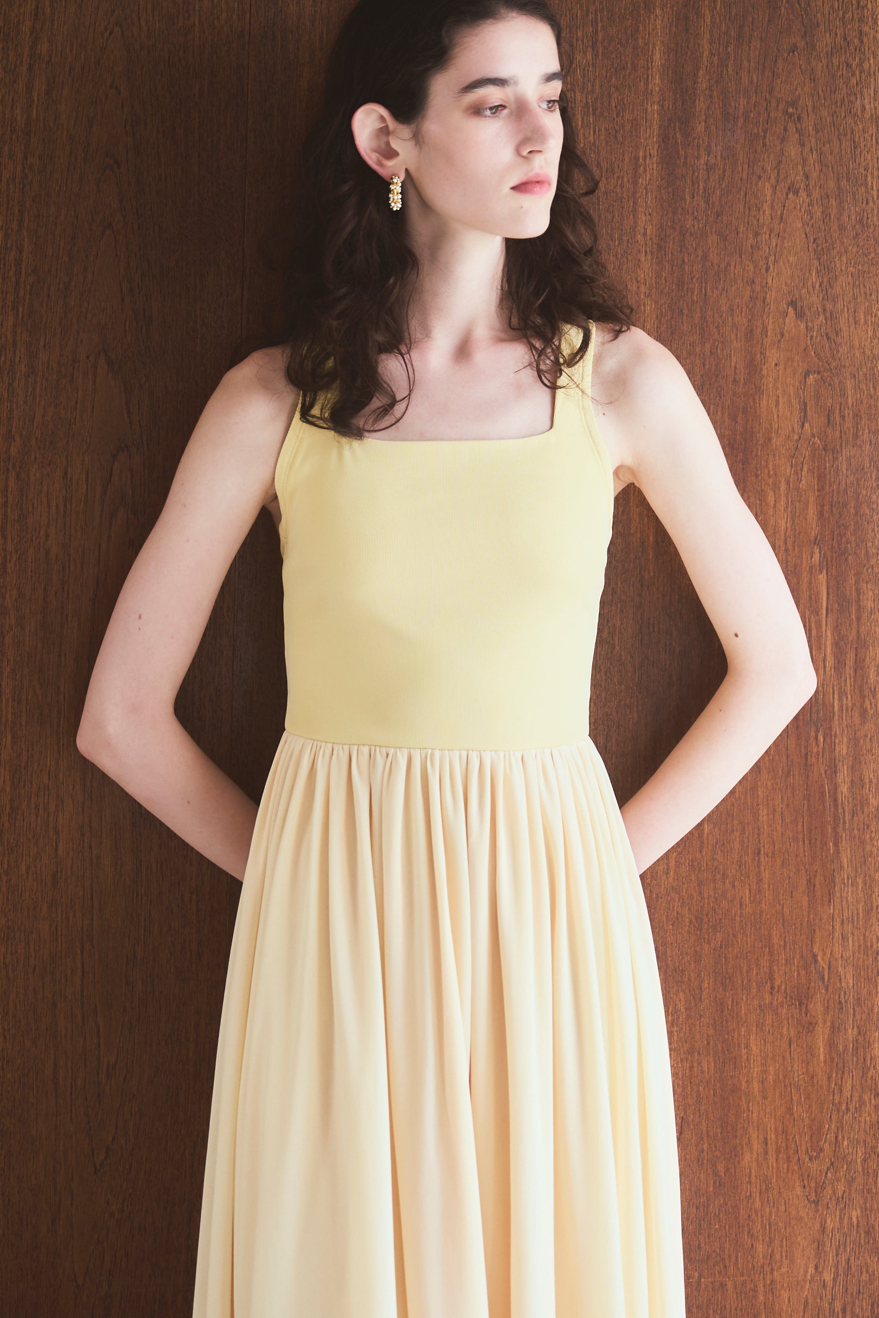 【Michiko Yamawaki×Estella.K】Ribbed & Sheer Jersey  Dress <br>-Yellow-