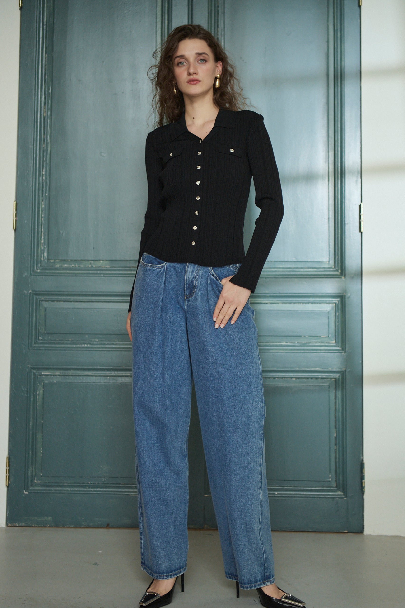 Julie Rib Knit Top <br>-Black-