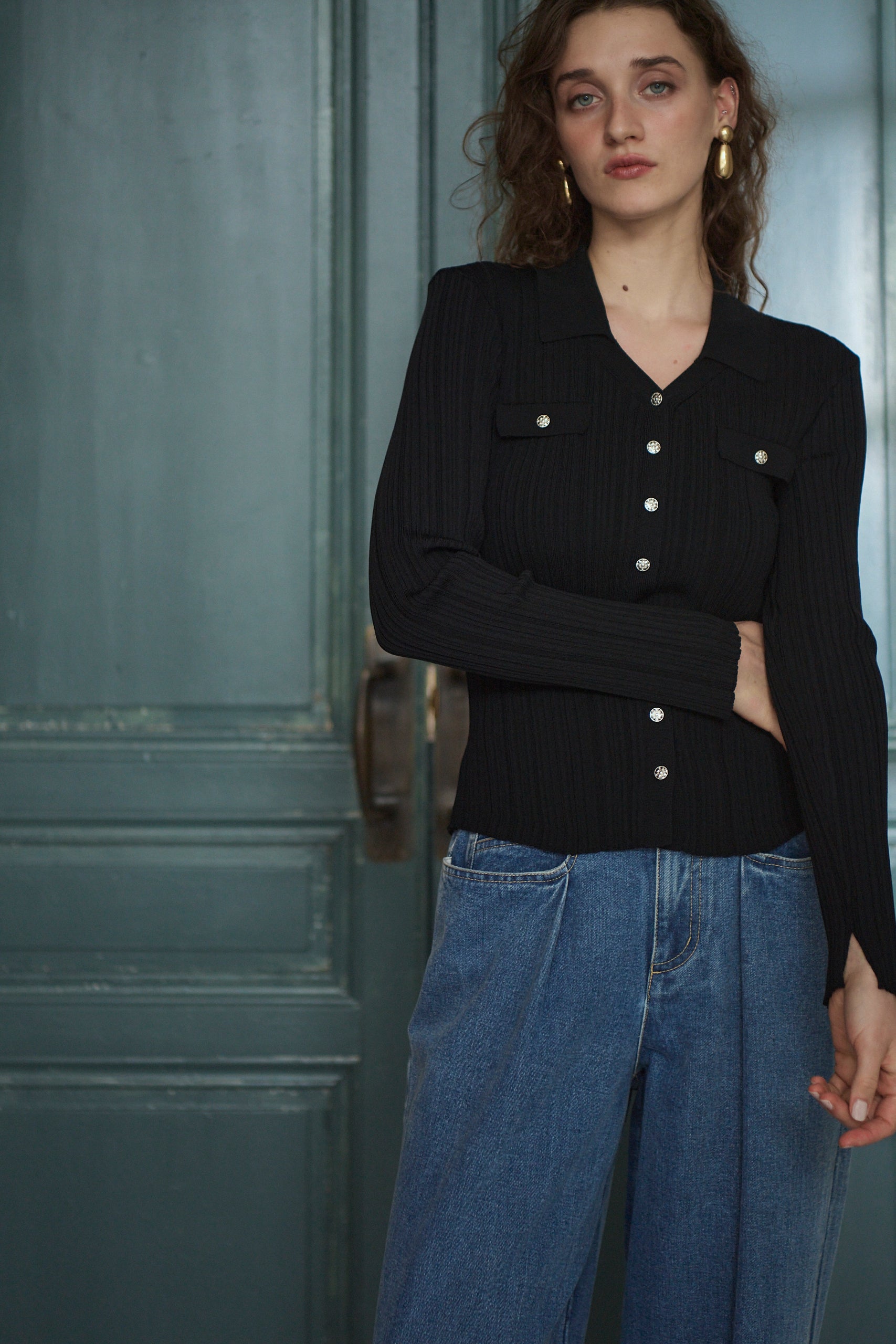 Julie Rib Knit Top <br>-Black-