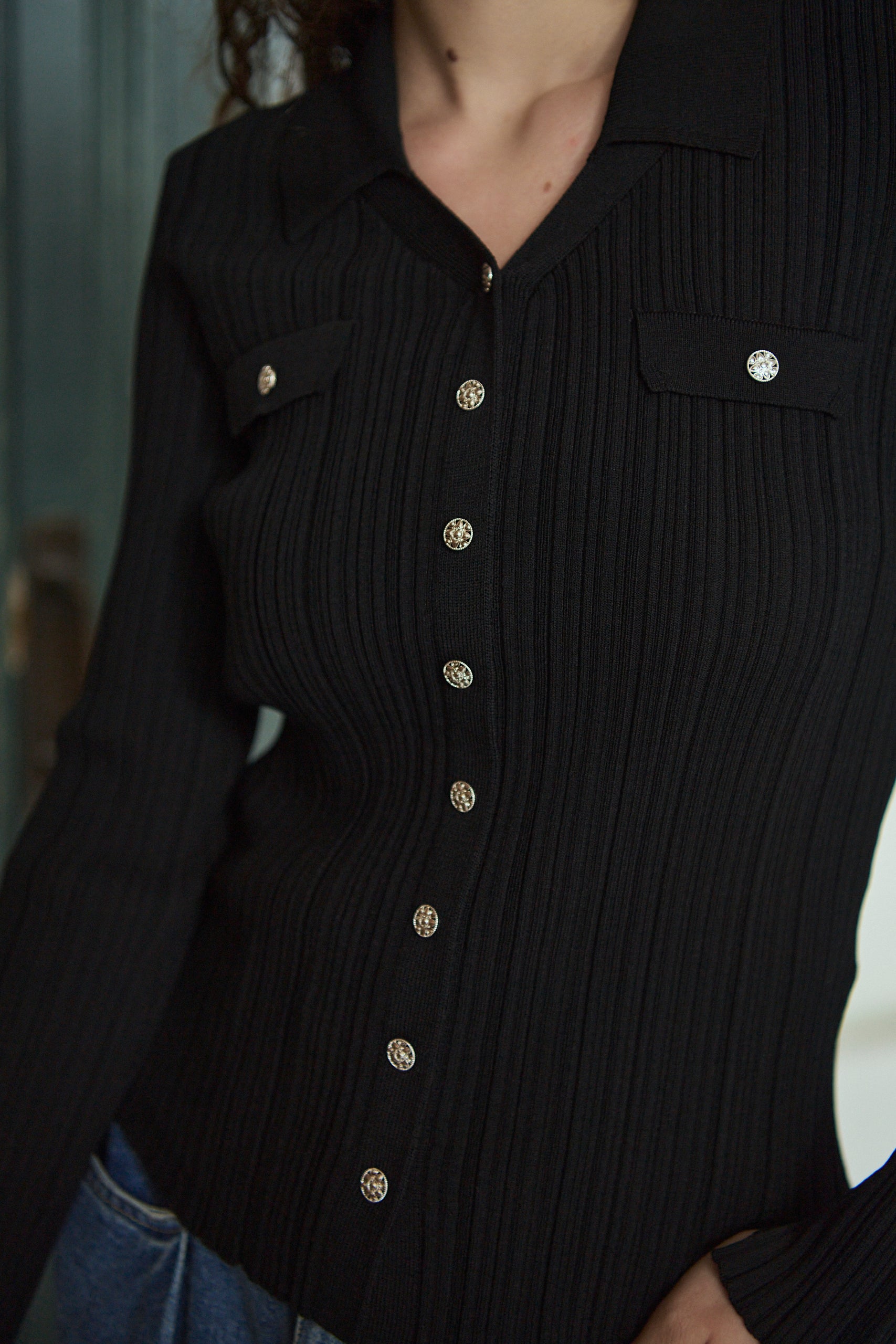 Julie Rib Knit Top <br>-Black-