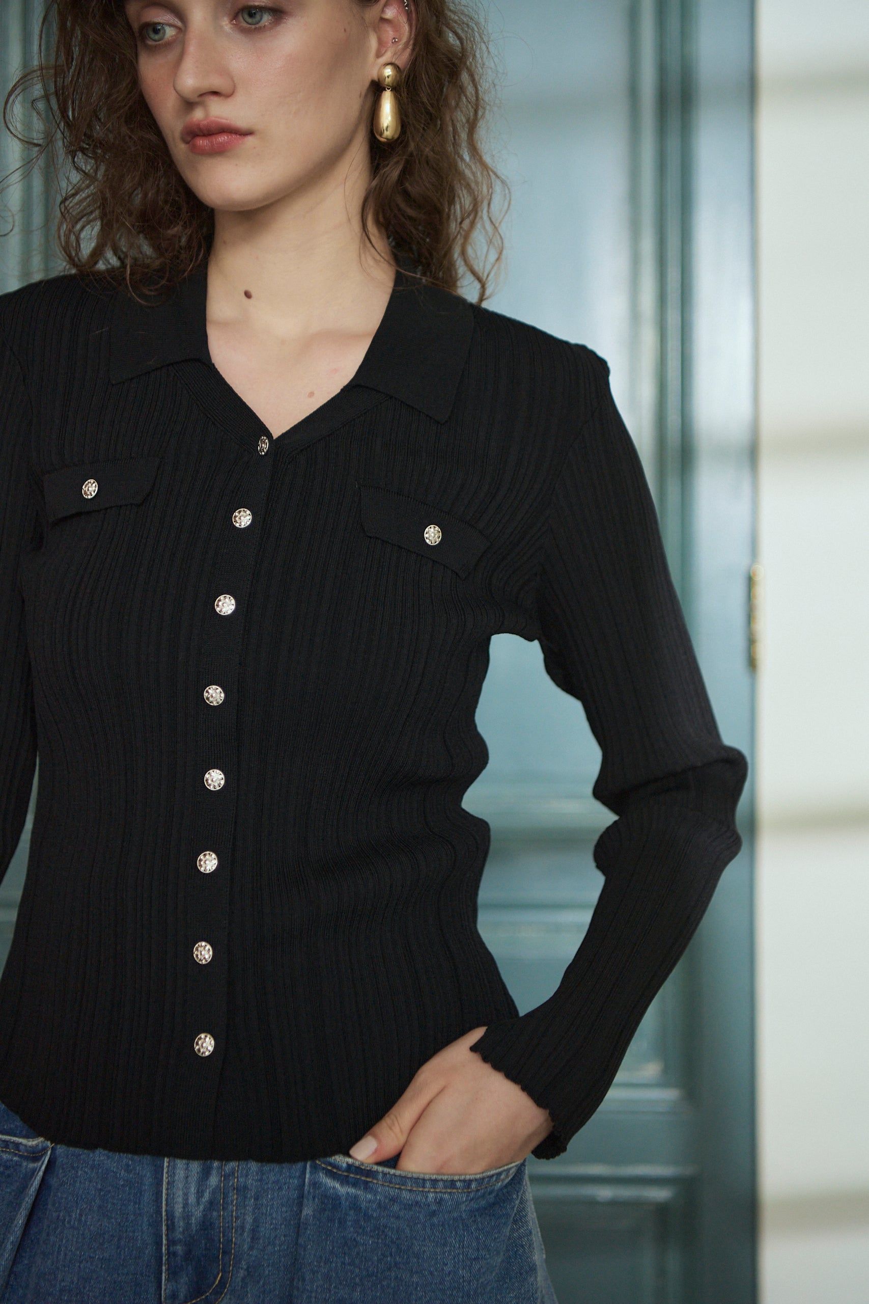 Julie Rib Knit Top <br>-Black-