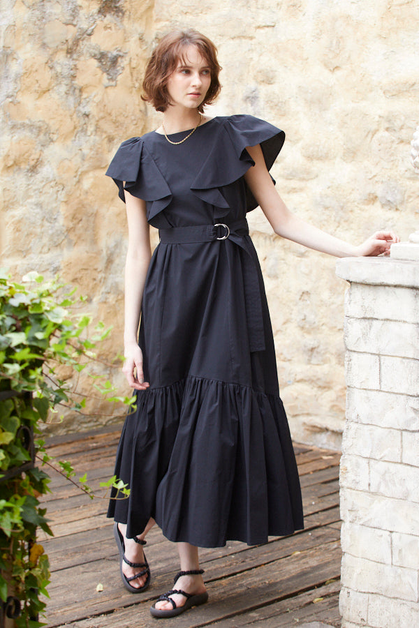 Blanca Ruffled Belted Dress -BLK-