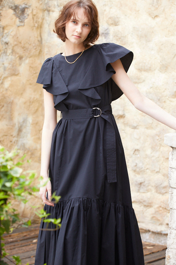 Blanca Ruffled Belted Dress -BLK-