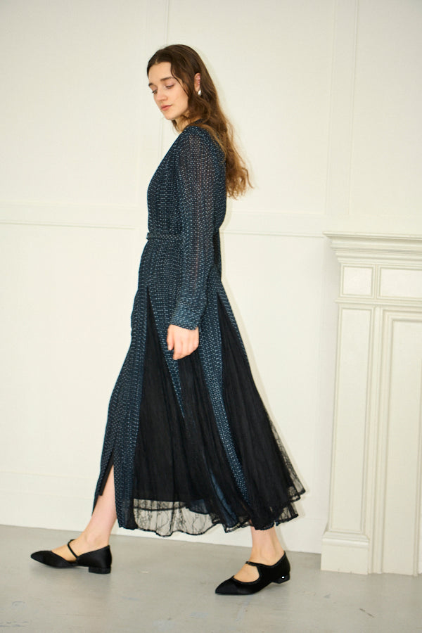 Pre-order<br>Alyssa Pleaded Long Dress <br>-Black.dot-