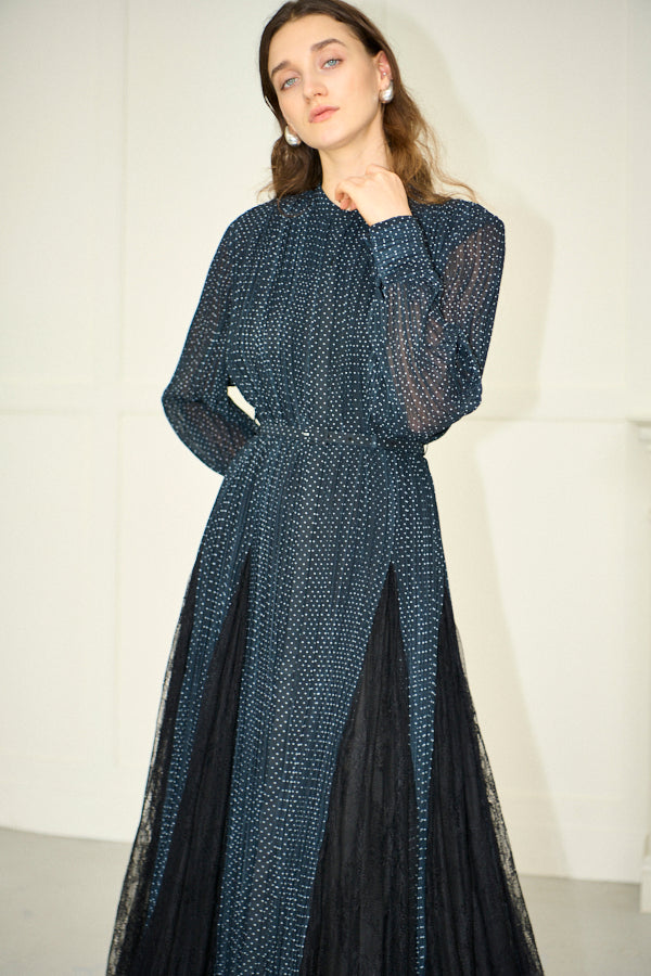 Pre-order<br>Alyssa Pleaded Long Dress <br>-Black.dot-