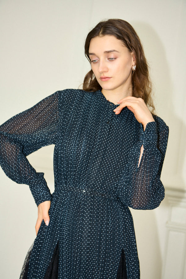 Pre-order<br>Alyssa Pleaded Long Dress <br>-Black.dot-