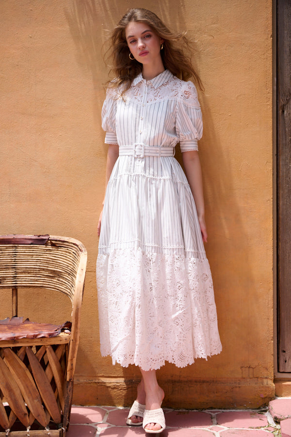 Isabel Lace Belted Dress -WHT×blk.st-