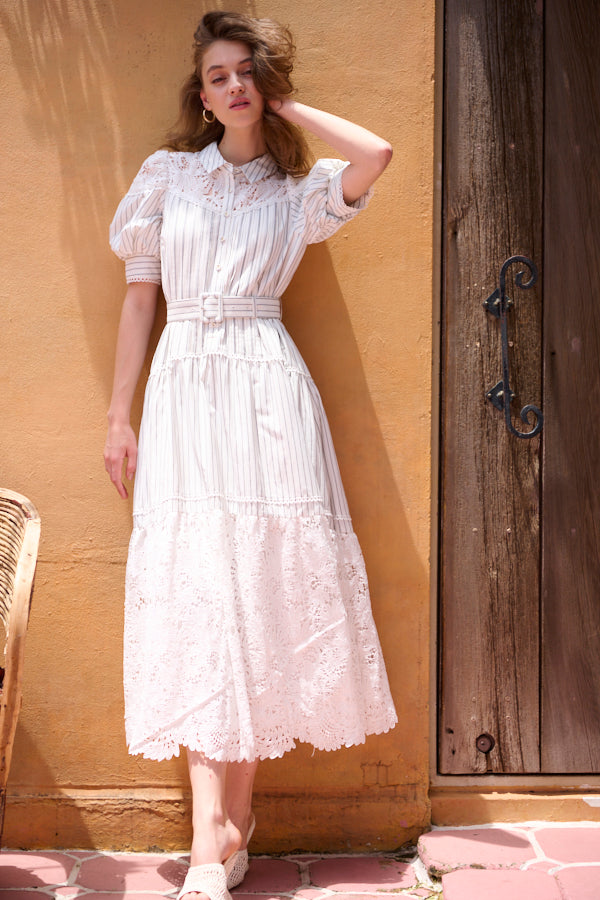 Isabel Lace Belted Dress -WHT×blk.st-