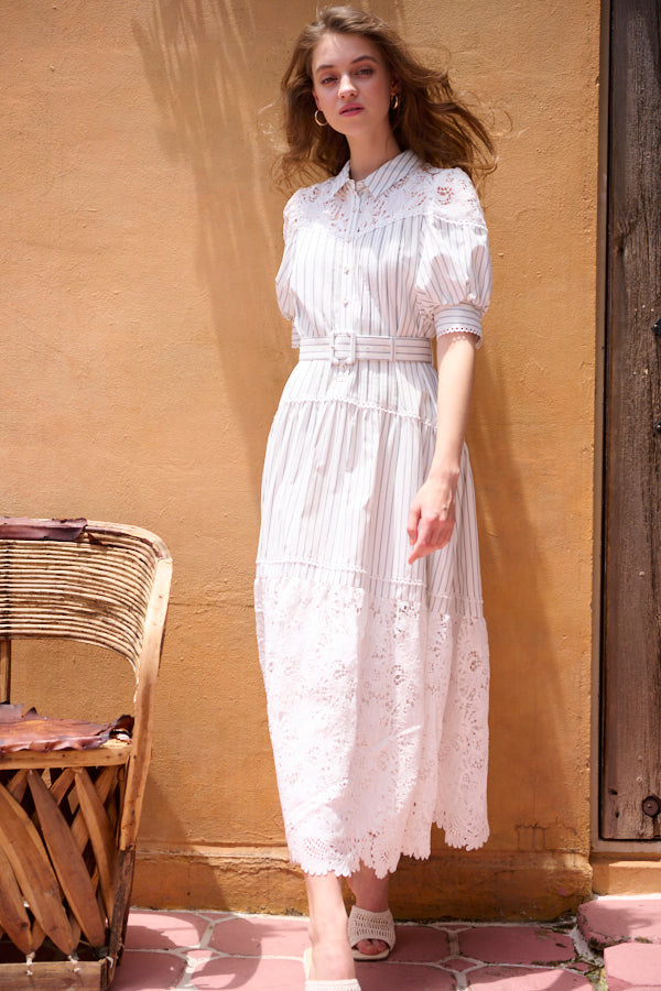 Isabel Lace Belted Dress -WHT×blk.st-