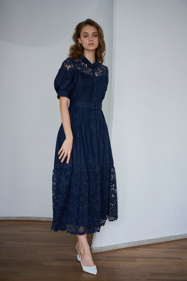 Isabel Lace Belted Dress -NVY-