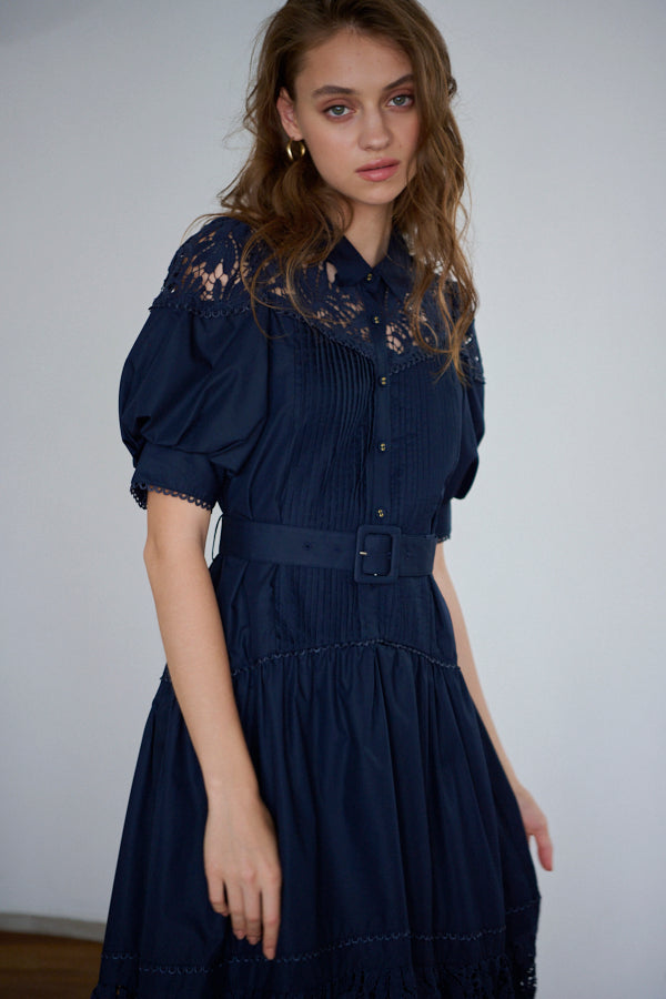 Isabel Lace Belted Dress -NVY-