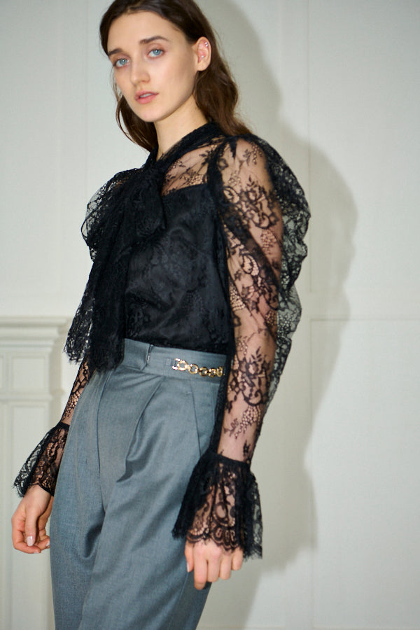 Cassia Lace Bow Blouce <br>-Black-