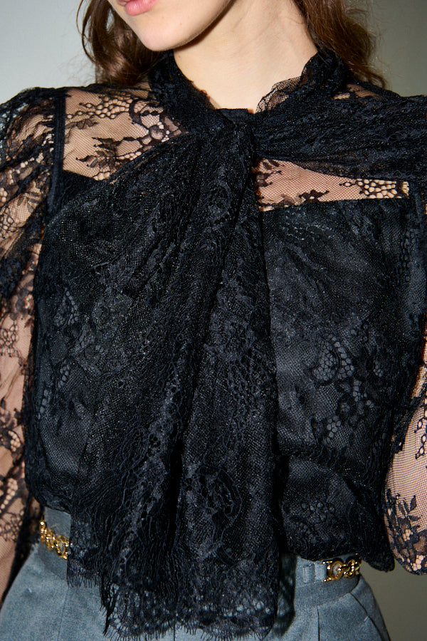 Cassia Lace Bow Blouce <br>-Black-