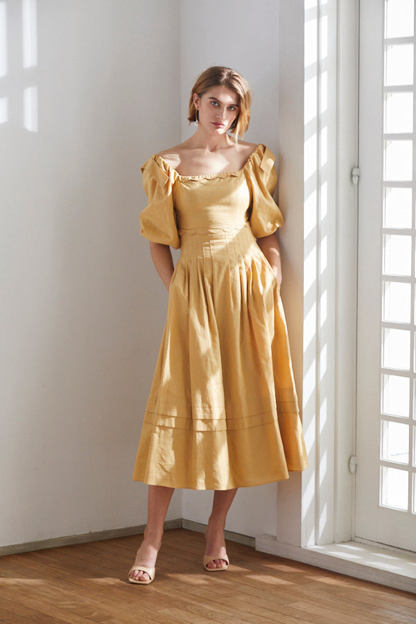 Sweetheart Linen Long Dress <br>-YEL-