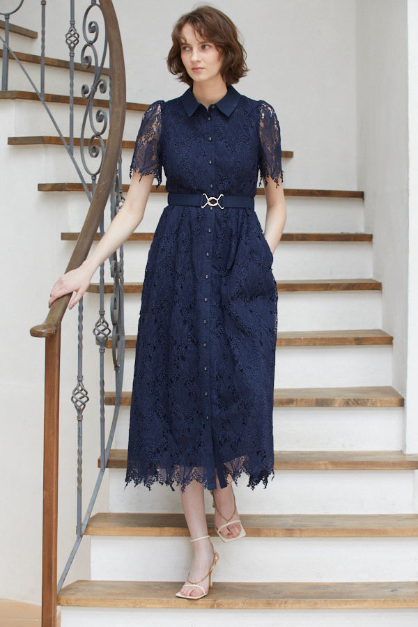 Charlotte Belted Lace Dress <br> -NVY-