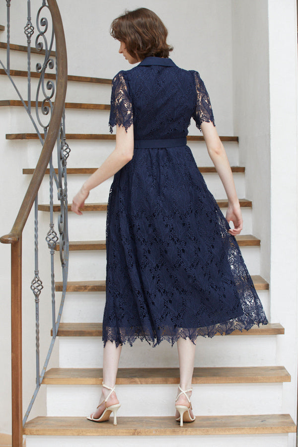 Charlotte Belted Lace Dress <br> -NVY-