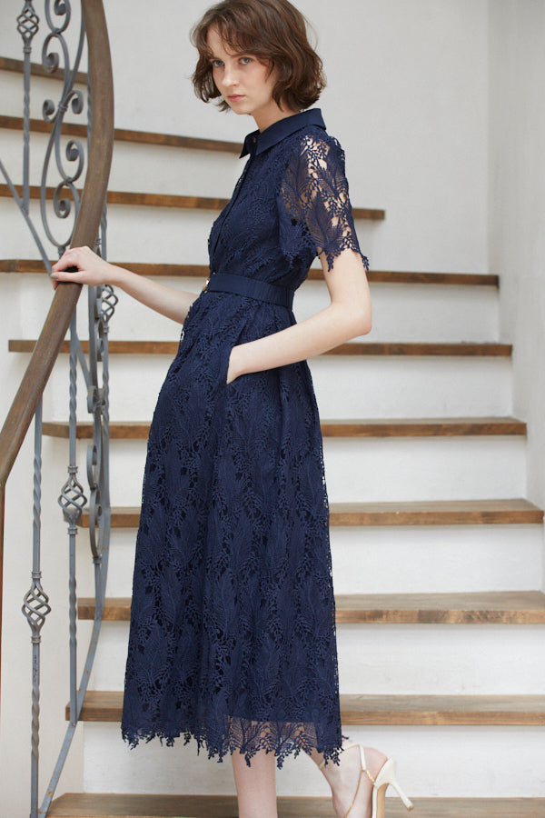 Charlotte Belted Lace Dress <br> -NVY-
