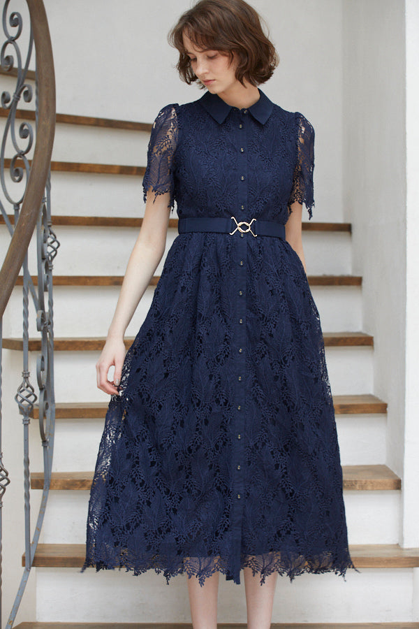 Charlotte Belted Lace Dress <br> -NVY-