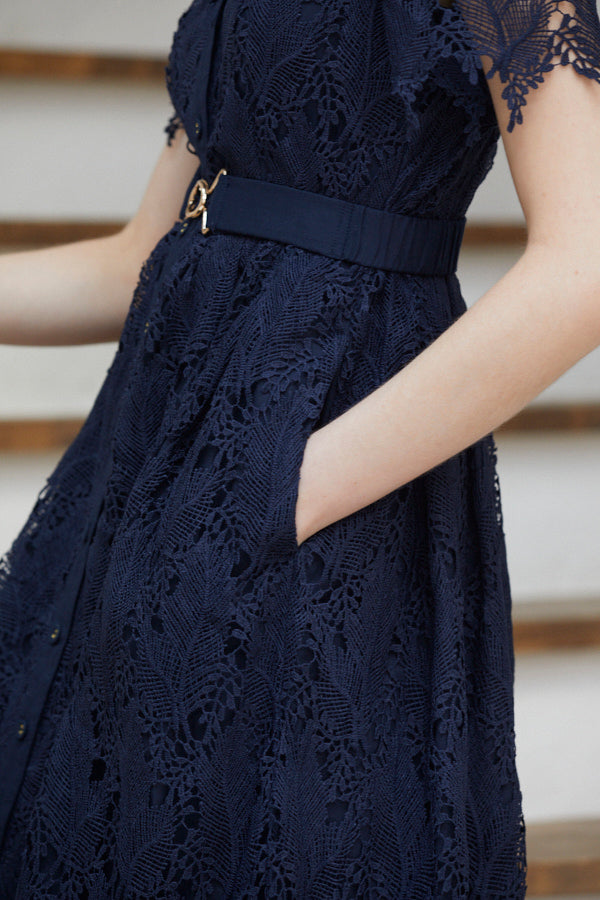 Charlotte Belted Lace Dress <br> -NVY-