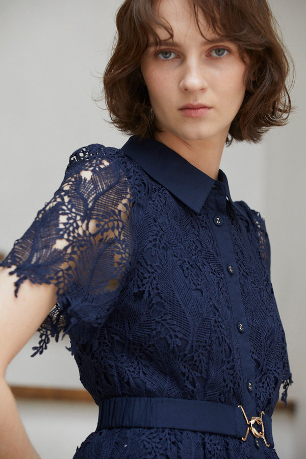 Charlotte Belted Lace Dress <br> -NVY-