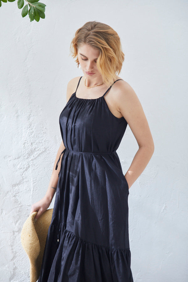 Dramatic summer belted dress <br> -BLK-