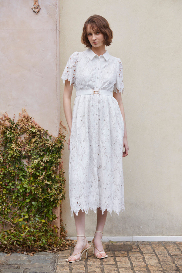 Charlotte Belted Lace Dress <br> -WHT-