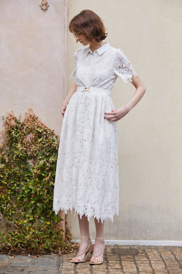 Charlotte Belted Lace Dress <br> -WHT-