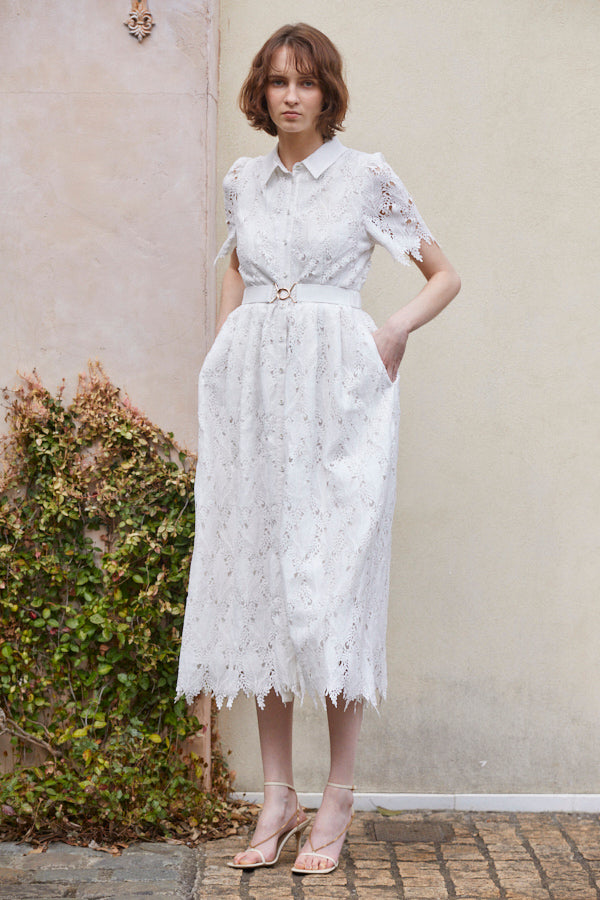 Charlotte Belted Lace Dress <br> -WHT-