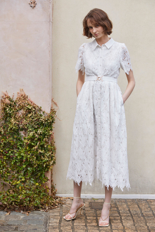 Charlotte Belted Lace Dress <br> -WHT-