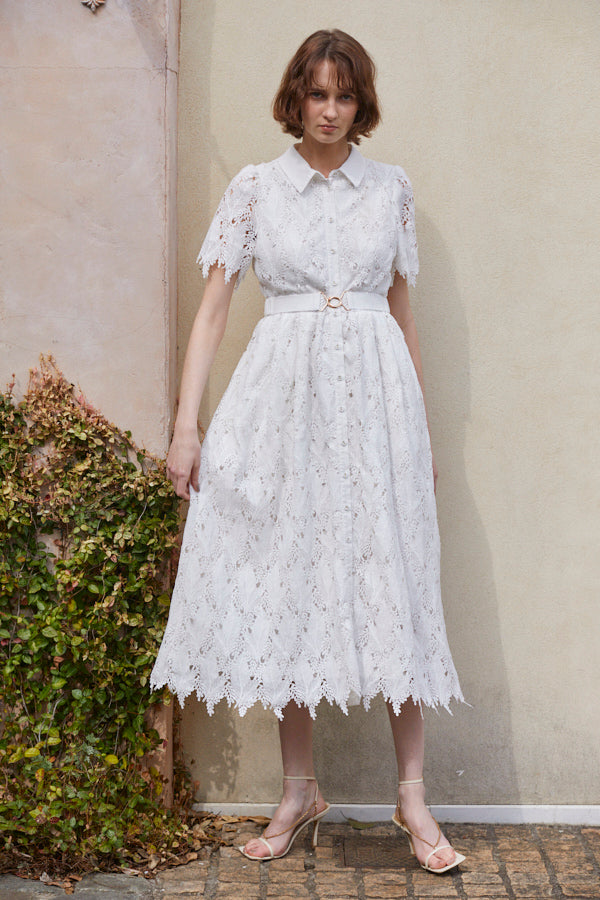 Charlotte Belted Lace Dress <br> -WHT-