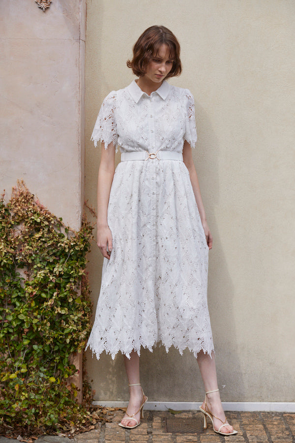 Charlotte Belted Lace Dress <br> -WHT-