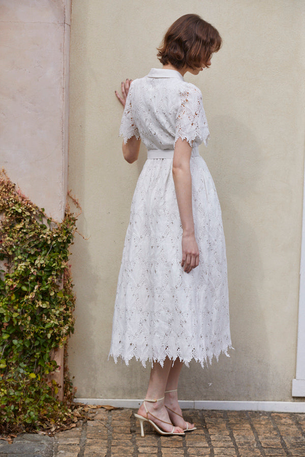 Charlotte Belted Lace Dress <br> -WHT-