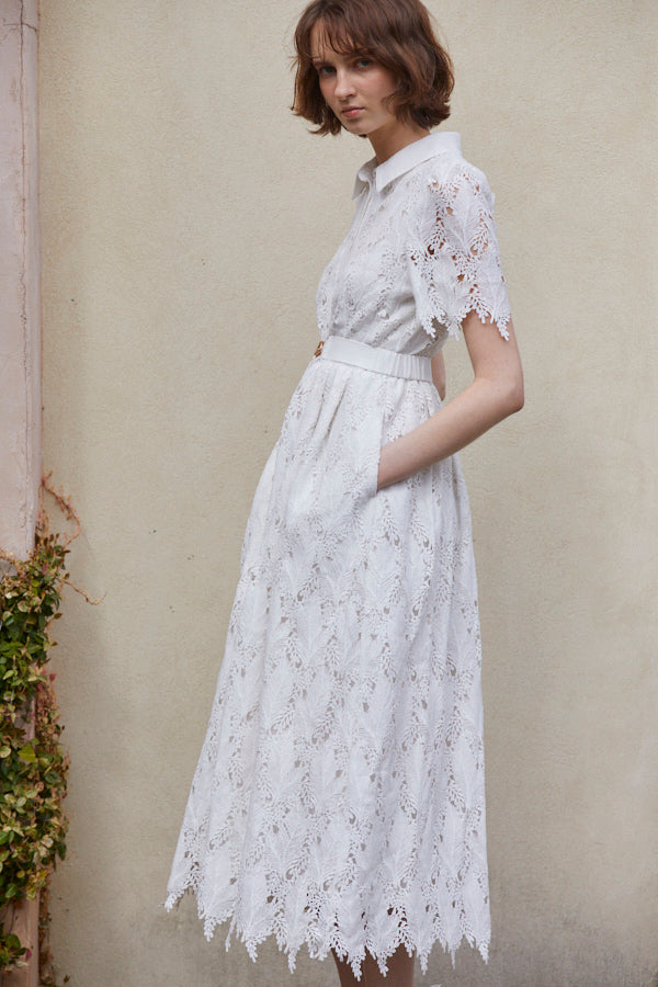 Charlotte Belted Lace Dress <br> -WHT-