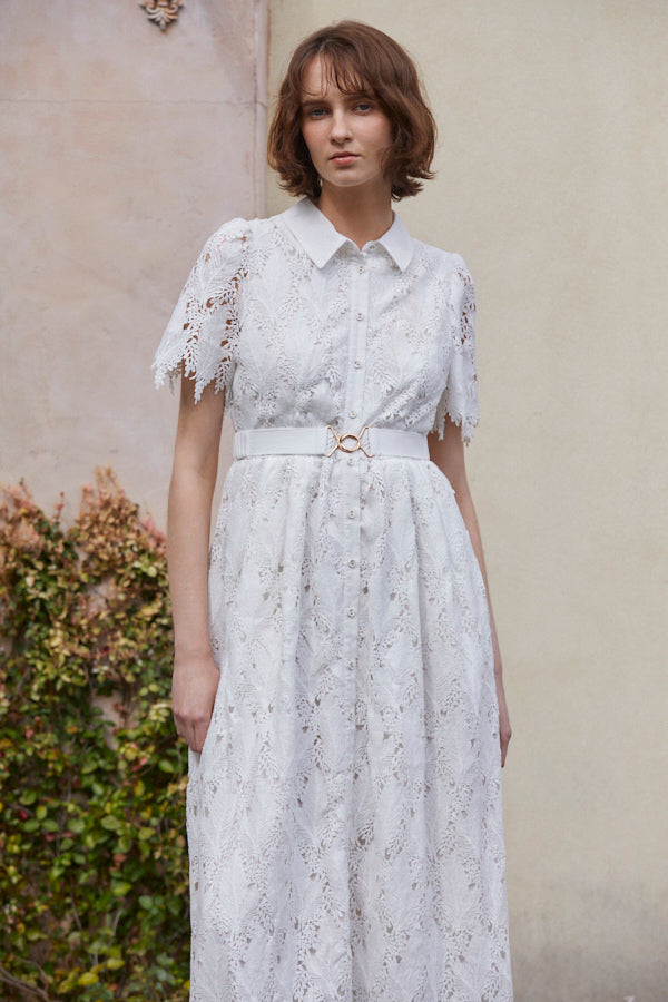 Charlotte Belted Lace Dress <br> -WHT-