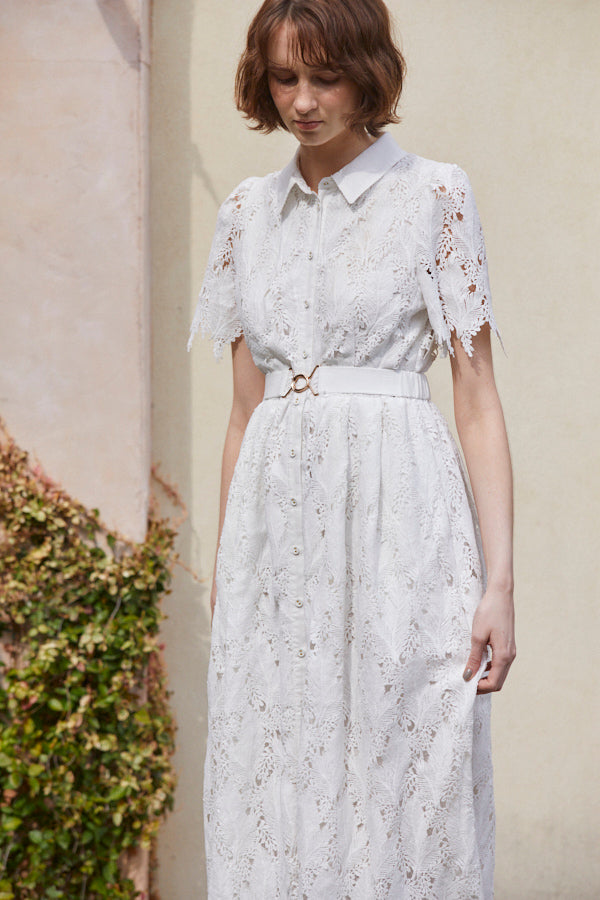 Charlotte Belted Lace Dress <br> -WHT-