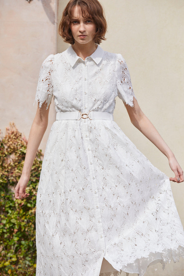 Charlotte Belted Lace Dress <br> -WHT-