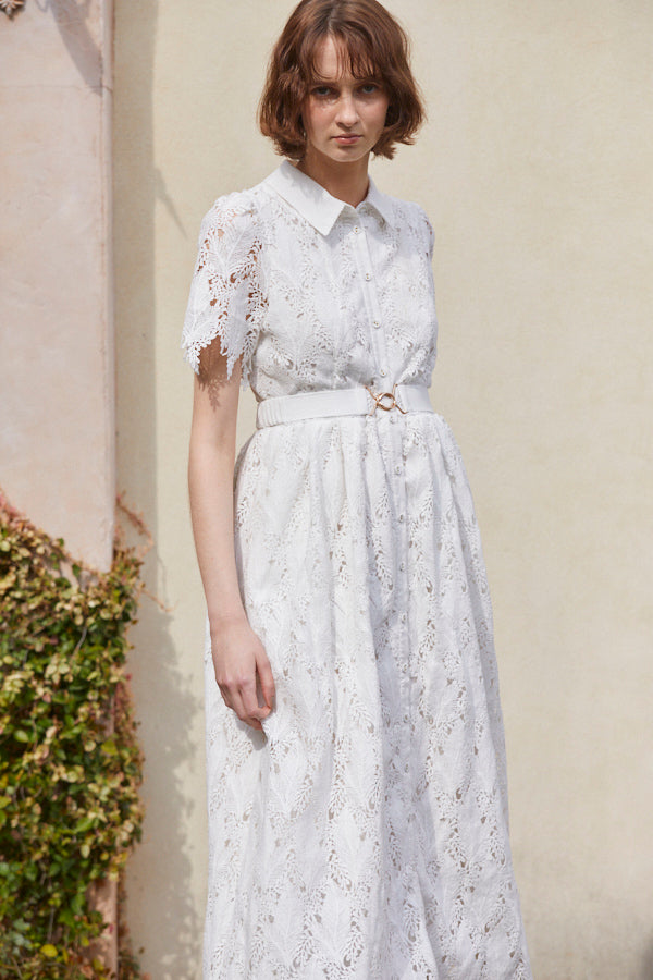 Charlotte Belted Lace Dress <br> -WHT-