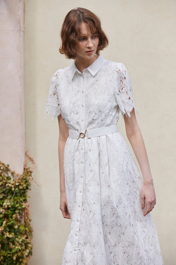 Charlotte Belted Lace Dress <br> -WHT-