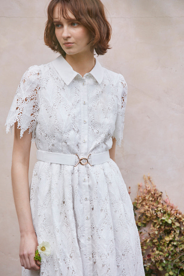 Charlotte Belted Lace Dress <br> -WHT-