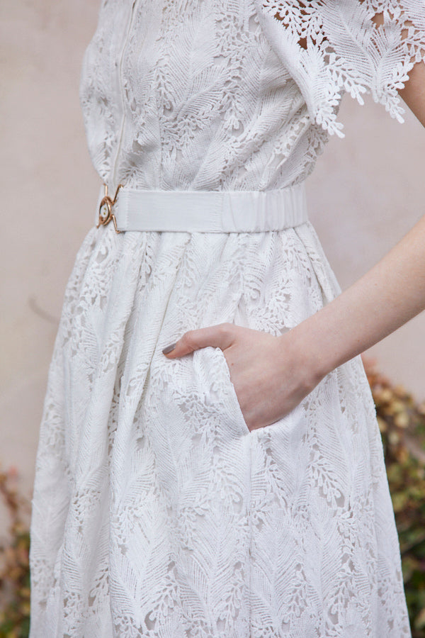 Charlotte Belted Lace Dress <br> -WHT-