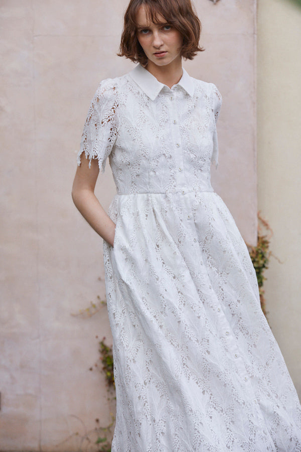 Charlotte Belted Lace Dress <br> -WHT-