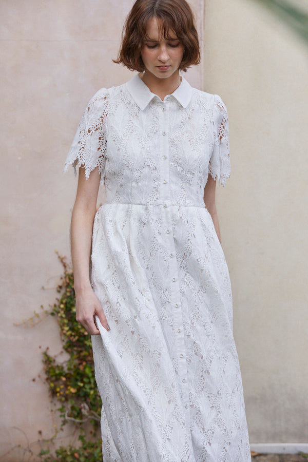 Charlotte Belted Lace Dress <br> -WHT-