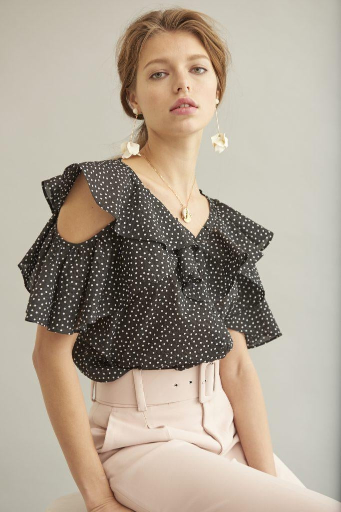 Cold Shoulder Dot Blouse <br> -BLK dot-