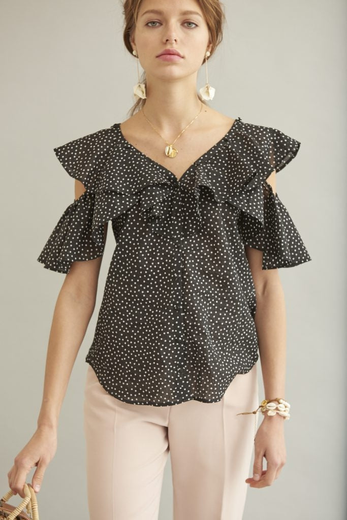 Cold Shoulder Dot Blouse <br> -BLK dot-