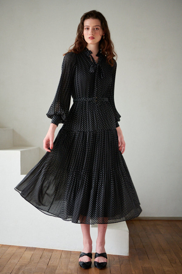 Jasper Pleated Long Sleeve Dress <br> -BLK-