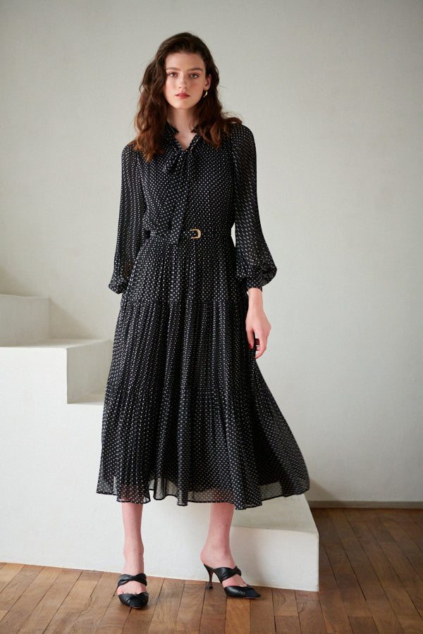 Jasper Pleated Long Sleeve Dress <br> -BLK-