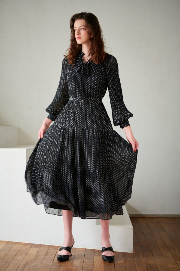 Jasper Pleated Long Sleeve Dress <br> -BLK-