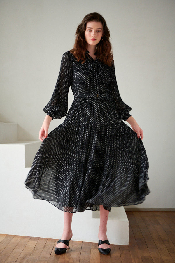 Jasper Pleated Long Sleeve Dress <br> -BLK-